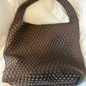 Woven Shoulder Tote Bag in Brown Neoprene